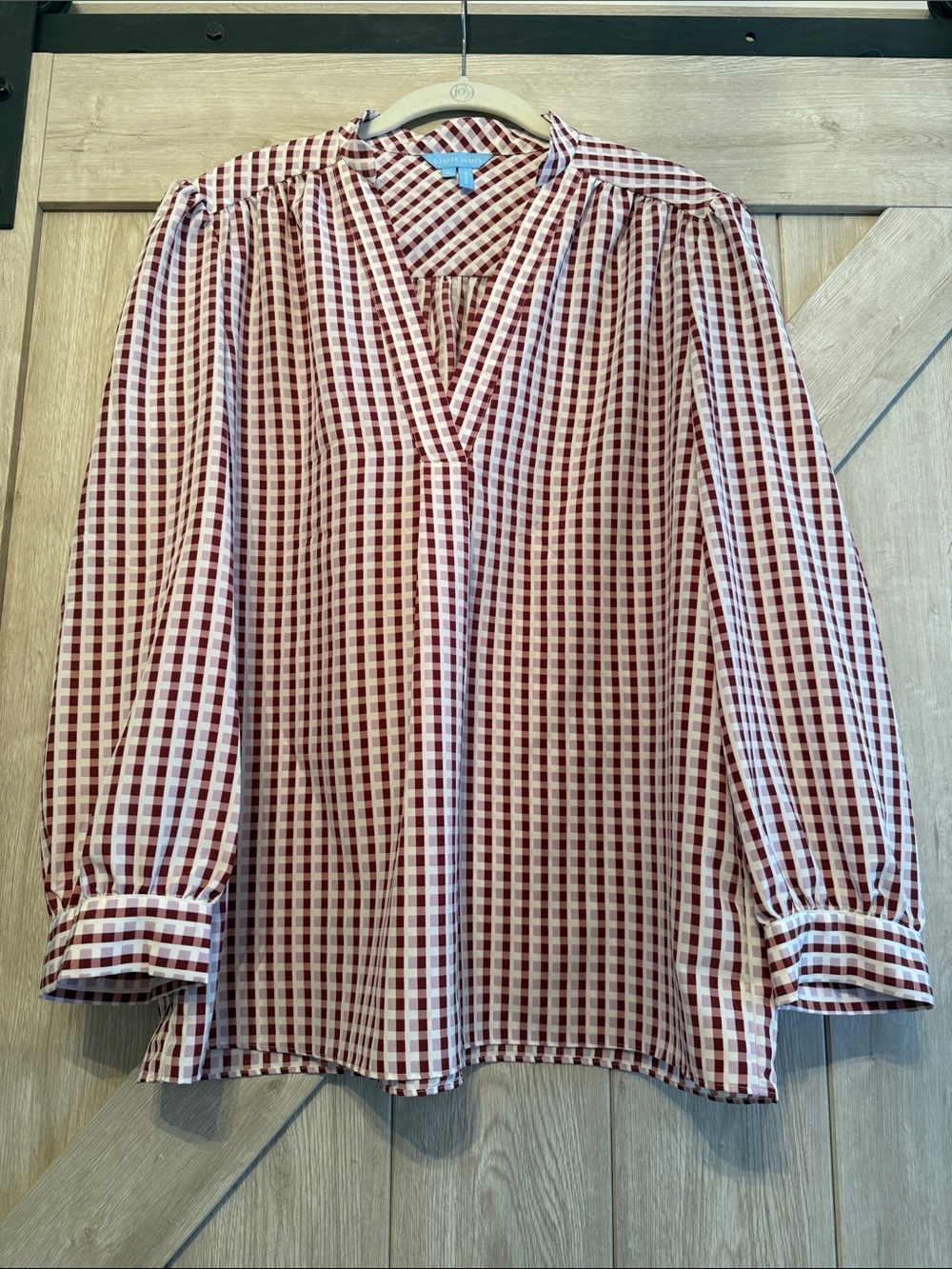 Draper James Pink and White Gingham V-Neck Blouse